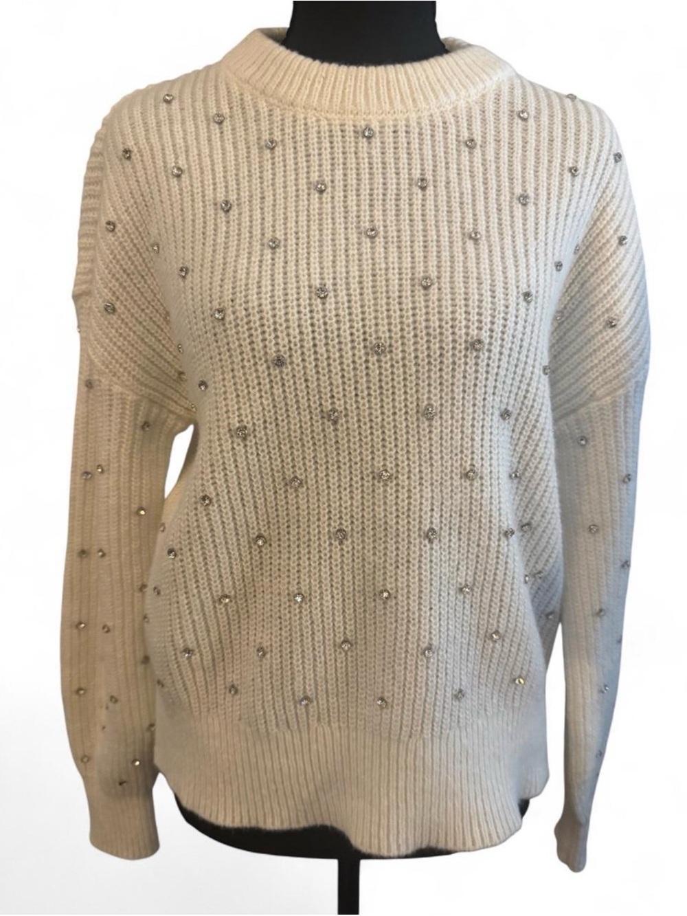 Nine West White Rhinestone Embellished Sweater Size Small Chunky Knit